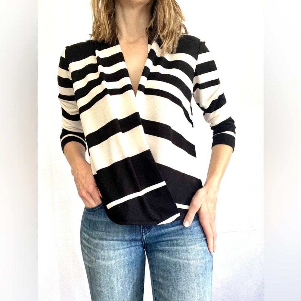 Anthropologie Deleta black and cream stripe wrap front three quarter top size XS
